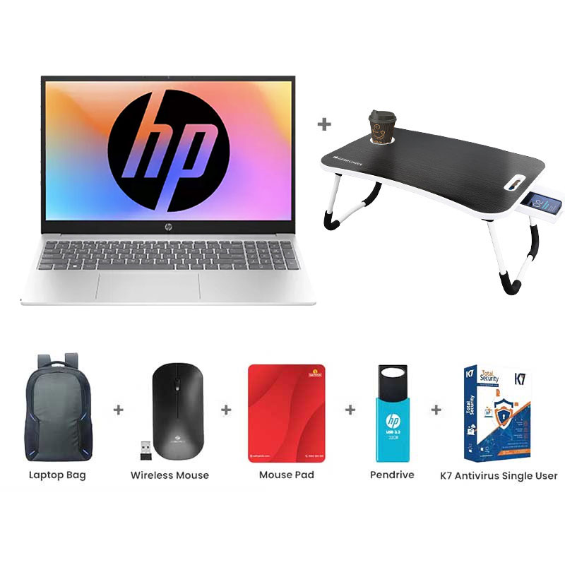 Picture of HP - 13th Gen Intel Core i3-1315U 15.6" (39.6 Cm) 15-fd0465TU Thin & Light Laptop (8GB DDR4/ 512GB NVMe M.2 SSD/ Windows 11 Home/ MS Office 2024/ Micro-Edge/ Anti-Glare 250 nits/ Dual Speakers/ Mic Mute key/ Camera Privacy Shutter / 1Year Warranty/ Silver/ 1.59Kg)  with Laptop Table + Laptop Bag + Wireless Mouse + Mouse Pad + Pendrive + K7 Antivirus Single User